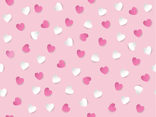 Fototapeta na wymiar Flat lay of white and pink heart shaped paper scattered on pastel pink background. Seamless pattern vector illustration. Valentine's Day concept.