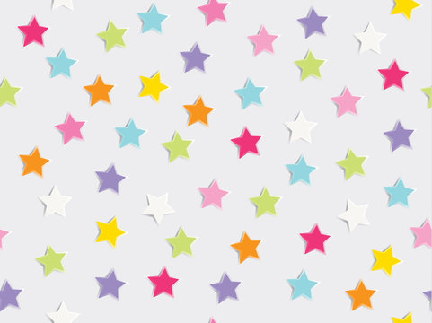 Holiday background with colorful star confetti scatter on white background. Seamless patern vector illustration.
