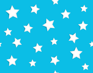 Abstract confetti seamless pattern with white stars scattered on light blue background. Festive holiday vector illustration.