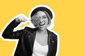 Fashion collage in magazine style of young hipster woman