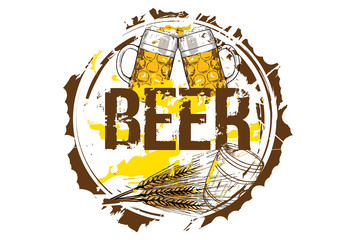 Barrel, barley and beer glasses. Beer concept. Hand drawn illustration.