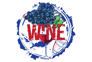 Old wood barrel and a bunch of grapes. Wine concept. Hand drawn illustration.