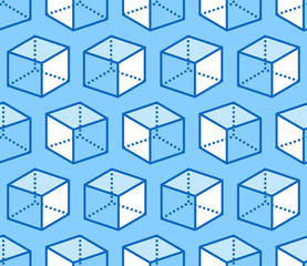 Geometric shapes seamless pattern with flat line icons of cube figure. Modern abstract background for geometry, math education. Blue white vector illustration