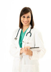 Portrait of successful smiling female doctor with stethoscope and clipboard isolated on white