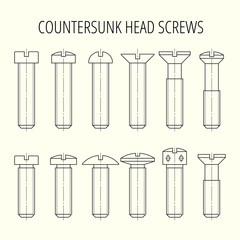 Screws with countersunk head. Different types of head and lengths of bolts. - obrazy, fototapety, plakaty