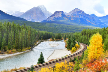 View Morant's Curve railway in Canadian rockies in autumn ,Banff National Park, Canada