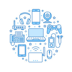 Electronics circle poster with flat line icons. Wifi internet connection technology signs. Smartphone, laptop, fax, headphones, router, keyboard. Vector illustration for devices store brochure