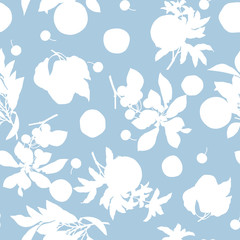 A seamless lemon, pear, cherry and pomegranate pattern on light blue background.