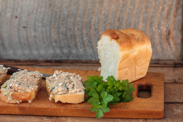 sandwich with fish pate  riyet (smorrebrod). copy space. top