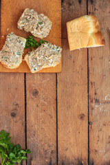 sandwich with fish pate  riyet (smorrebrod). copy space. top