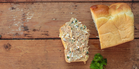 sandwich with fish pate  riyet (smorrebrod). copy space. top