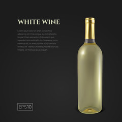 Photorealistic bottle of white wine on a black background. Mock up transparent bottle of wine. Template for product presentation or advertising in a minimalistic style.