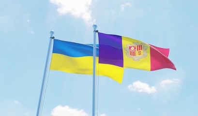 Ukraine and Andorra, two flags waving against blue sky. 3d image