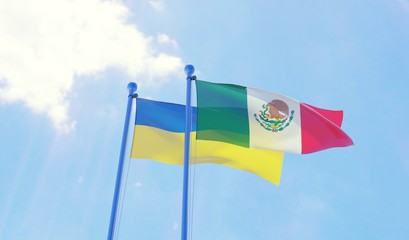 Ukraine and Mexico, two flags waving against blue sky. 3d image