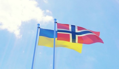 Ukraine and Norway, two flags waving against blue sky. 3d image