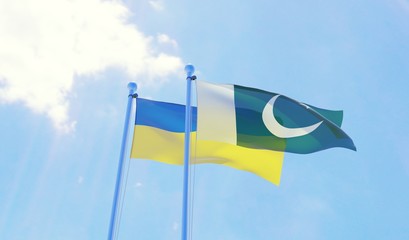 Ukraine and Pakistan, two flags waving against blue sky. 3d image