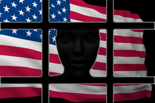 Silhouette Head Behind Bars With Flag Of USA