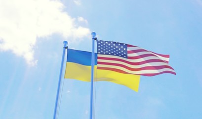 Ukraine and USA, two flags waving against blue sky. 3d image