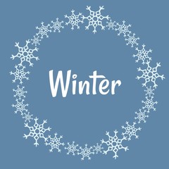Winter snowflakes wreath on blue background. Postcard template