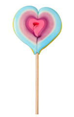 Heart shaped lollipop on wooden stick isolated on white