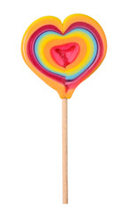 Big rainbow pride lollipop heart shaped candy love symbol on wooden stick isolated on white background