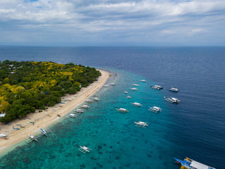 Aerial view of tropical beach on the island Malcapuya. Beautiful tropical island with sand beach, palm trees. Tropical landscape with shore and boats. Palawan, Philippines.