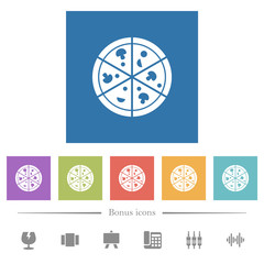 Pizza flat white icons in square backgrounds