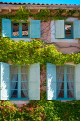 Facade of typical south French house in green ivy