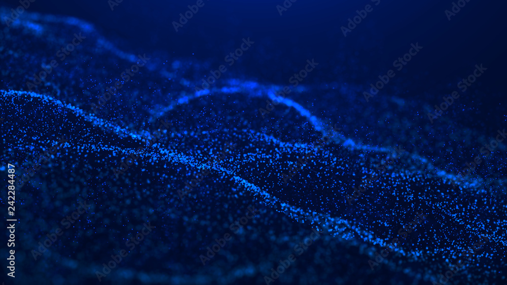 Poster wave glow. wave of particles. wave 3d. 3d rendering. futuristic dots background with a dynamic wave.