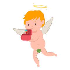 Cute cupid with a diamond engagement ring in red box. Valentine's Day vector cartoon amur character with angel wings and halo isolated on white background.