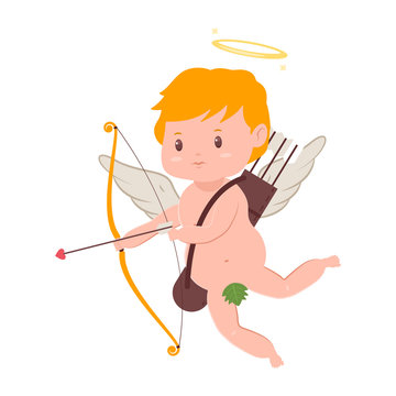 Cute cupid with bow and arrow. Valentine's Day vector cartoon amur character with angel wings and halo isolated on white background.
