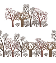 Seamless border and forest belt of bade trees on white background