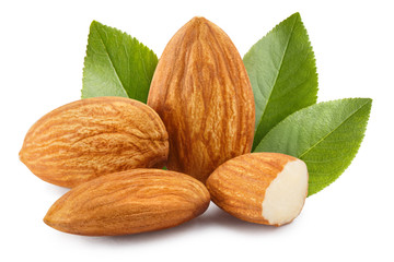 Almonds with leaves, isolated on white background