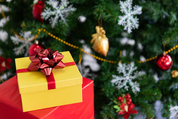 Gift boxes, Christmas balls and tree for celebration in Christmas and New Year.