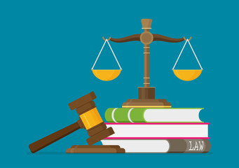 Justice scales and wooden judge gavel. Law hammer sign with books of laws. Legal law and auction symbol. Libra in flat design. Vector illustration.