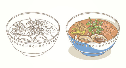 Asian cuisine. Rou Geng Noodle. Pork, bamboo and mushroom noodle soup. Food menu design soup with noodles, soup miso, seaweed. Vintage hand drawn sketch vector illustration. 