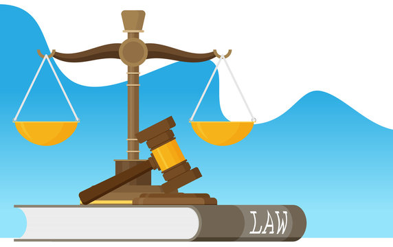 Justice scales and wooden judge gavel. Law hammer sign with books of laws. Legal law and auction symbol. Libra in flat design. Vector illustration.