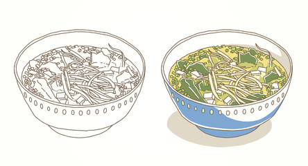 Asian cuisine. Vegetarian pho. Delicate soup of soya paste. Food menu design soup with noodles, soup miso, seaweed. Vintage hand drawn sketch vector illustration. 