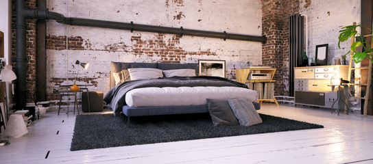 bed in old vintage loft apartment - 3d rendering