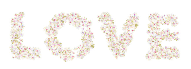 Word LOVE filled with gentle pastel flowers. Isolated fine detailed design element for advertising.