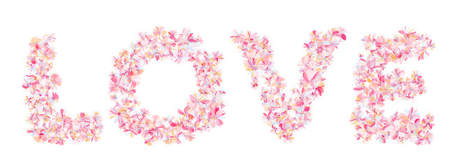 Word LOVE filled with light pinky coral flowers. Isolated fine detailed design element for advertising.