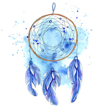 Watercolor dreamcatcher isolated on white background.