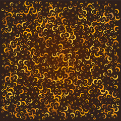 Islamic background of white stylized moon & star on a dark sky. The concept of bliss, holiday. Starry background. Gold and orange colors ornament. Isolated image. Vector illustration.