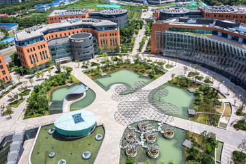 Looking down at the city of Chicago with lake