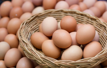 eggs is in basket in market.It is fresh.We can cook and eat for good healthy.