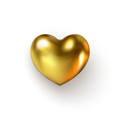 3D Realistic Golden Heart symbol with shadow. Glossy St Valentines holiday, Wedding, Happy Mother Day, Birthday web digital icon on white backdrop.
