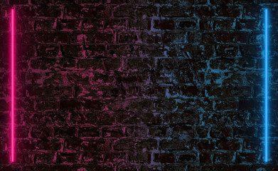 Pink and blue neon lines on dark brick wall
