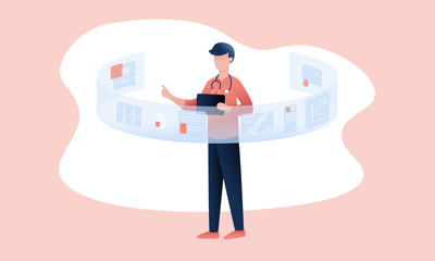 Doctor with a stethoscope and a laptop is dealing with special healthcare technology. Colorful vevtor illustartion for web and printing.