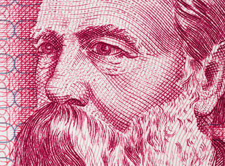 Friedrich Engels on East German 50 mark (1971) banknote closeup macro. Famous socialist...