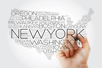 USA Map word cloud collage with most important cities, concept with marker